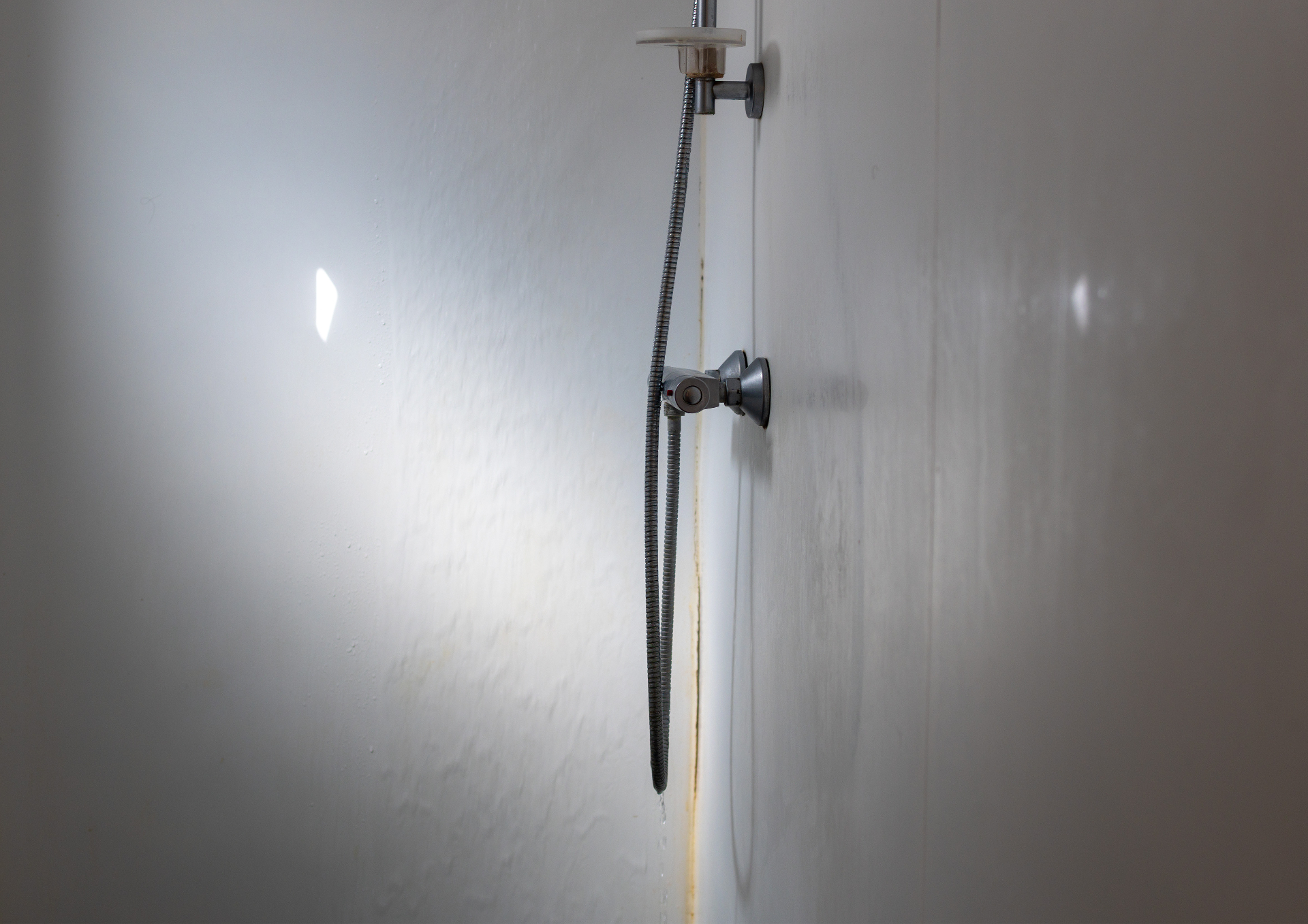 A worn shower hose against a stained white wall